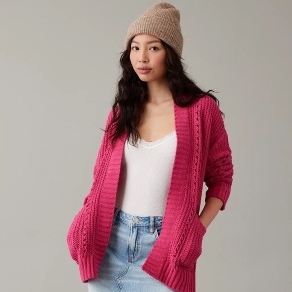 American Eagle Oversized Chunky Knit Crochet Cardigan Pink XL Cottagecore Cozy